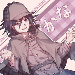 Rule 34 | 1boy, artist name, belt, black hair, bow, bowtie, buttons, character name, commentary request, danganronpa (series), danganronpa v3: killing harmony, deerstalker, detective, double-breasted, dutch angle, ewa (seraphhuiyu), hair between eyes, hands up, hat, highres, long sleeves, looking at viewer, male focus, open mouth, oma kokichi, plaid, plaid capelet, purple eyes, purple hair, short hair, smile, solo, teeth, translation request, upper body, upper teeth only