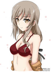Rule 34 | 10s, 1girl, bra, breasts, brown eyes, cleavage, closed mouth, clothes pull, collarbone, commentary, cropped torso, dated, flipper, girls und panzer, light brown hair, long hair, looking at viewer, mature female, medium breasts, one-hour drawing challenge, red bra, shimada chiyo, shirt pull, smile, solo, standing, twitter username, underwear, undressing, upper body, white background