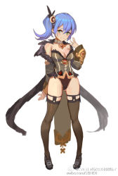 Rule 34 | 1girl, arm at side, bare shoulders, black thighhighs, blue hair, breasts, character request, cleavage, closed mouth, collar, detached sleeves, full body, fur trim, genshin impact, gluteal fold, green eyes, hair between eyes, jewelry, leotard, medium breasts, pendant, pigeon-toed, seinen, side ponytail, simple background, smile, solo, standing, thighhighs, watermark, web address, weibo watermark, white background