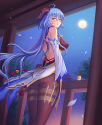 Rule 34 | 1girl, ahoge, ass, back, backless leotard, balcony, bell, black gloves, black leotard, black pantyhose, blue hair, blush, breasts, commentary, cowbell, detached sleeves, eyelashes, feet out of frame, floating hair, full moon, ganyu (genshin impact), genshin impact, gloves, goat horns, gold trim, hair between eyes, highres, horns, large breasts, leotard, light blue hair, long hair, looking at viewer, looking back, moon, neck bell, night, night sky, outdoors, pantyhose, parted lips, pelvic curtain, perky breasts, petals, purple eyes, raoul (raoul77), signature, sky, solo, supperarmorss, tassel, tree, wind, wind lift