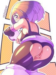 Rule 34 | 1girl, absurdres, anus, ass, ass focus, blush, bodysuit, boku no hero academia, breasts, brown eyes, brown hair, censored, cleft of venus, headset, heart, heart censor, highres, kaikoinu, large breasts, nipples, open mouth, orange background, own hands together, pussy, short hair, skin tight, solo, uraraka ochako, white background
