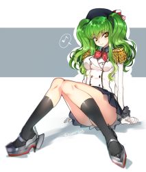 Rule 34 | 1girl, :3, ass, beret, black socks, breasts, buttons, c.c., code geass, cosplay, creayus, double-breasted, epaulettes, gloves, green hair, hat, jacket, kantai collection, kashima (kancolle), kashima (kancolle) (cosplay), kneehighs, knees together feet apart, long hair, looking at viewer, medium breasts, military jacket, miniskirt, musical note, pleated skirt, quaver, red ribbon, ribbon, sitting, skirt, smile, socks, solo, spoken musical note, tsurime, twintails, white gloves, yellow eyes