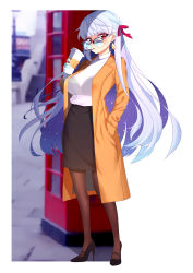 Rule 34 | 1girl, alternate costume, black-framed eyewear, black bra, black footwear, black skirt, blouse, blue-tinted eyewear, blue-tinted glasses, blush, bra, breasts, brown coat, brown pantyhose, casual, coat, commentary request, contemporary, cup, disposable cup, drinking straw, earrings, fate/grand order, fate (series), fishnets, full body, hair ribbon, hand in pocket, high-waist skirt, high heels, highres, holding, holding cup, jewelry, kama (fate), lace, lace-trimmed bra, lace trim, large breasts, long coat, long hair, long sleeves, looking at viewer, looking over eyewear, looking over glasses, open clothes, open coat, over-rim eyewear, pantyhose, pencil skirt, pumps, ratio (ratio-d), red eyes, red ribbon, ribbon, see-through, semi-rimless eyewear, shirt, shoes, skirt, solo, standing, stiletto heels, sunglasses, tinted eyewear, underwear, very long hair, white hair, white shirt, wing collar
