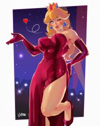 Rule 34 | 1girl, artist name, blonde hair, blowing kiss, blue eyes, breasts, crown, curvy, dress, earrings, elbow gloves, evening gown, flashing light, gloves, hand on own hip, heart, high heels, highres, jewelry, large breasts, legs, lipstick, long hair, looking at viewer, makeup, mario (series), nintendo, one eye closed, paid reward available, princess peach, red dress, red footwear, red gloves, sequins, side slit, signature, solo, sphere earrings, spoken heart, standing, standing on one leg, super mario all stars, vero, wink