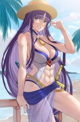 Rule 34 | 1girl, abs, absurdres, altina (fire emblem), beach, blue eyes, breasts, clothing cutout, covering own eyes, criss-cross halter, day, deras, fire emblem, fire emblem: radiant dawn, fire emblem heroes, grey one-piece swimsuit, grin, halterneck, hat, highres, large breasts, long hair, looking at viewer, navel, navel cutout, neck tassel, nintendo, official alternate costume, one-piece swimsuit, purple hair, purple sarong, railing, sarong, see-through, see-through sarong, sitting, smile, solo, straw hat, swimsuit, sword, teeth, very long hair, weapon, white swimsuit