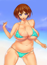 Rule 34 | 1girl, aqua bikini, beach, bikini, breasts, brown hair, day, highres, huge breasts, looking at viewer, navel, original, pokkora, purple eyes, short hair, smile, solo, swimsuit