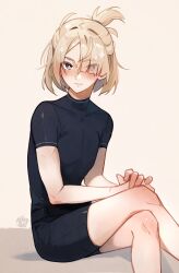 Rule 34 | 1boy, black shirt, black shorts, blonde hair, blush, closed mouth, crossed legs, freckles, freminet (genshin impact), genshin impact, hair over one eye, highres, looking at viewer, male focus, nekojinnyart, own hands together, ponytail, purple eyes, shirt, short sleeves, shorts, signature, simple background, sitting, solo, sparkle, trap
