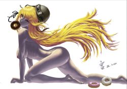 Rule 34 | 1girl, all fours, bakemonogatari, blonde hair, breasts, completely nude, cosplay, doughnut, food, hat, kiss-shot acerola-orion heart-under-blade, large breasts, long hair, monogatari (series), mouth hold, nipples, nude, oshino shinobu, scrap iron, solo, very long hair, yellow eyes