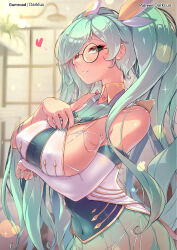 Rule 34 | 1girl, artist name, bare shoulders, blurry, blurry background, breasts, covered erect nipples, covered navel, darklux, detached sleeves, from side, glasses, green hair, heart, highres, large breasts, league of legends, long hair, pleated skirt, round eyewear, skirt, smile, solo, sona (league of legends), star guardian sona, teeth, white sleeves, window