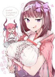 Rule 34 | 2girls, bad id, bad twitter id, breasts, brown hair, center frills, cloak, covered erect nipples, crossed arms, e sky rugo, elizabeth bathory (fate), elizabeth bathory (fate/extra ccc), elizabeth bathory (second ascension) (fate), english text, fate/grand order, fate (series), frills, hair between eyes, hairband, heart, highres, large breasts, long hair, looking at viewer, multiple girls, open mouth, osakabehime (fate), pleated skirt, purple eyes, short hair, skirt, speech bubble, white background