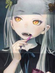 Rule 34 | 1girl, black bow, blue ribbon, bow, brown bow, brushing teeth, cup, eyelashes, fangs, fingernails, grey hair, hair bow, holding, holding cup, holding toothbrush, long eyelashes, long fingernails, long hair, murata range, open mouth, original, pointy ears, red pupils, ribbon, solo, teeth, tongue, toothbrush, upper body, vampire, yellow bow, yellow eyes