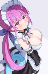 Rule 34 | 1girl, absurdres, ahoge, apron, black dress, blue hair, blush, braid, breasts, cleavage, closed mouth, commentary, dress, dyed ahoge, from above, hair ribbon, highres, hololive, large breasts, light blue hair, maid, maid apron, maid headdress, minato aqua, multicolored hair, purple eyes, purple hair, ribbon, solo, streaked hair, tobidasu00, twintails, two-tone hair, v arms, virtual youtuber, white headdress