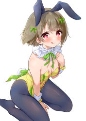 Rule 34 | 1girl, :p, artist name, artist request, back bow, bare shoulders, black legwear, blush, bow, breasts, brown hair, cleavage, collarbone, detached collar, female focus, floating hair, frilled cuffs, green bow, green ribbon, grey hair, hair bow, leotard, light brown hair, looking at viewer, love live!, love live! nijigasaki high school idol club, medium breasts, nail, nail polish, nakasu kasumi, neck ribbon, no shoes, parted lips, pink eyes, pink nails, playboy bunny, purple eyes, rabbit ears, rabbit tail, ribbon, short hair, sitting, smile, solo, tongue, tongue out, wavy mouth, white background, white detached collar, white wrist cuffs, wrist cuffs, yellow leotard