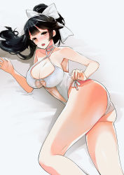 Rule 34 | 1girl, alternate costume, armpits, ass, azur lane, bad id, bad pixiv id, bare legs, bare shoulders, black hair, blush, bow, breasts, cleavage, collarbone, enjo-sen, hair bow, highres, large breasts, long hair, looking at viewer, lying, on side, one-piece swimsuit, open mouth, orange eyes, ponytail, simple background, solo, swimsuit, takao (azur lane), takao (beach rhapsody) (azur lane), white background, white one-piece swimsuit
