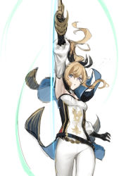 Rule 34 | 1girl, arm up, blonde hair, blue eyes, breasts, capelet, detached sleeves, genshin impact, gloves, hair ribbon, highres, holding, holding sword, holding weapon, jean (genshin impact), long hair, medium breasts, nakuta, open mouth, pants, ponytail, ribbon, sidelocks, simple background, solo, sword, weapon, white background, white pants