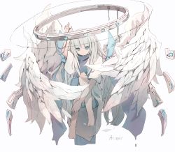 Rule 34 | 1girl, absurdres, angel, angel wings, artist request, blue eyes, halo, highres, large wings, mechanical halo, original, simple background, solo, white background, white hair, wings, wire