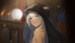 Rule 34 | 1girl, animal ears, arknights, black cloak, blue eyes, blurry, blurry background, breasts, cloak, commentary request, depth of field, ears through headwear, from side, grey hair, hair between eyes, hair ornament, hairclip, highres, hood, hood up, hooded cloak, indoors, lappland (arknights), looking at viewer, looking to the side, naked cloak, scar, scar across eye, shisangeashi, small breasts, solo, upper body
