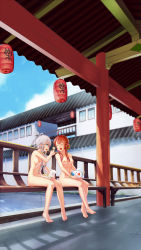 Rule 34 | 2girls, absurdres, aqua eyes, bad id, bad pixiv id, barefoot, bench, breasts, closed eyes, completely nude, creature, day, dongqing zaozigao, eating, feet, food, full body, grey hair, happy, highres, legs, long hair, luo tianyi, medium breasts, multiple girls, navel, nipples, nude, nudist, open mouth, red hair, short hair with long locks, sitting, smile, vocaloid, yuezheng ling, zenra