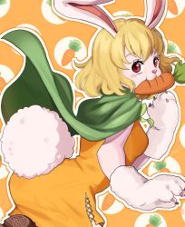 Rule 34 | 1girl, animal ears, bent over, blonde hair, breasts, cape, carrot (one piece), dress, from behind, fujitachobi, furry, furry female, gloves, green cape, highres, looking at viewer, looking back, mouth hold, one piece, open mouth, orange dress, rabbit ears, rabbit girl, rabbit tail, red eyes, short hair, solo, tail, white fur