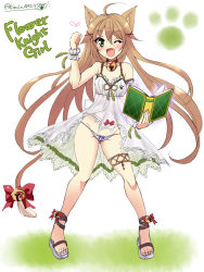 Rule 34 | 1girl, ;d, ahoge, animal ears, bell, book, bow, brown hair, cat ears, cat tail, choker, copyright name, enokorogusa (flower knight girl), flower knight girl, green eyes, hair ornament, highres, long hair, looking at viewer, name connection, neck bell, object namesake, one eye closed, oonishi koala, open mouth, panties, purple panties, red bow, sandals, skirt, smile, solo, standing, tail, tail bow, tail ornament, thighlet, twitter username, underwear, white skirt, x hair ornament