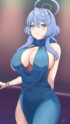 Rule 34 | 1girl, absurdres, ako (blue archive), ako (dress) (blue archive), bare shoulders, blue archive, blue dress, blue eyes, blue hair, blush, bracelet, breasts, commentary request, cowboy shot, dress, highres, jewelry, large breasts, long hair, revision, sleeveless, sleeveless dress, smile, solo, standing, tacticsalt, thighs
