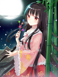 Rule 34 | 1girl, bamboo, black hair, bow, branch, closed mouth, commentary request, frilled shirt, frilled shirt collar, frills, full moon, highres, holding, houraisan kaguya, hum (ten ten), jeweled branch of hourai, long hair, long sleeves, looking at viewer, moon, night, pink shirt, red eyes, red skirt, shirt, skirt, solo, touhou, very long hair, white bow, wide sleeves