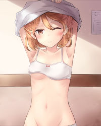 Rule 34 | 10s, 1girl, armpits, arms up, blush, bow, bow bra, bra, breasts, brown eyes, brown hair, collarbone, eyebrows, groin, highres, indoors, kantai collection, navel, neit ni sei, oboro (kancolle), one eye closed, panties, shirt, short hair, small breasts, solo, sweat, underboob, underwear, underwear only, undressing, white bra, white panties, white shirt