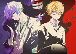 Rule 34 | 2boys, aqua hair, bespectacled, blazer, blonde hair, buttons, closed mouth, collared shirt, diagonal-striped clothes, diagonal-striped necktie, gakuran, glasses, hair between eyes, jacket, kamishiro rui, lapels, leaf, long sleeves, looking at viewer, male focus, multicolored hair, multiple boys, necktie, notched lapels, official alternate costume, official alternate hairstyle, open clothes, open collar, open jacket, orange eyes, project sekai, purple hair, school uniform, shirt, short hair, split mouth, streaked hair, striped clothes, suou (sdurorhr), sweater, tenma tsukasa, two-tone hair, upper body, yellow eyes