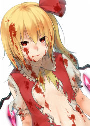 Rule 34 | 1girl, asymmetrical hair, bad id, bad nicoseiga id, blonde hair, blood, blood on face, face, female focus, flandre scarlet, flat chest, hair ribbon, navel, no headwear, pectorals, red eyes, ribbon, side ponytail, simple background, smile, solo, sugimeno, torn clothes, touhou, wings