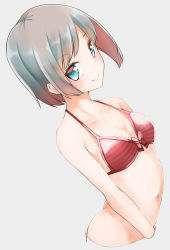 Rule 34 | 1girl, arched back, ass, bare arms, bare shoulders, bikini, blue eyes, blush, bow, bow bikini, breasts, closed mouth, comah, cropped torso, grey background, grey hair, highres, original, red bikini, short hair, simple background, small breasts, smile, solo, striped bikini, striped clothes, swimsuit, upper body