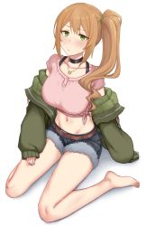 Rule 34 | 1girl, barefoot, belt, blush, breasts, chloe (princess connect!), chloe (real) (princess connect!), collarbone, cutoffs, denim, denim shorts, gomu (chewinggom), green eyes, green jacket, highres, jacket, jewelry, large breasts, light brown hair, long hair, long sleeves, looking at viewer, navel, necklace, off shoulder, pink shirt, princess connect!, shirt, short shorts, short sleeves, shorts, side ponytail, simple background, sitting, solo, wariza