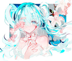 Rule 34 | 1girl, ;o, bare shoulders, blue eyes, blue hair, collarbone, commentary, dress, flower, hair between eyes, hand up, hatsune miku, juexing (moemoe3345), long hair, looking at viewer, one eye closed, parted lips, pink flower, sleeveless, sleeveless dress, solo, upper body, vocaloid, white dress, white flower