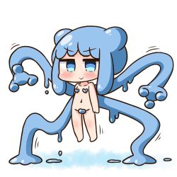 Rule 34 | 1girl, :&gt;, barefoot, blue eyes, blue hair, blush, chibi, closed mouth, collarbone, commentary request, convenient censoring, double bun, groin, hair bun, half slime-chan, hana kazari, heart, long hair, looking at viewer, marvel, monster girl, navel, nude, original, sidelocks, slime girl, solo, spider-man (series), v-shaped eyebrows, white background