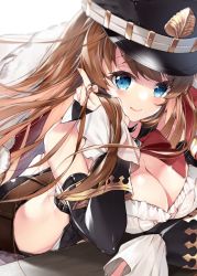 Rule 34 | 1girl, 218, black hat, blue eyes, breasts, brown hair, cleavage, closed mouth, fingernails, granblue fantasy, hat, large breasts, lecia (granblue fantasy), long hair, looking at viewer, lying, on stomach, peaked cap, red neckwear, red ribbon, ribbon, smile, solo