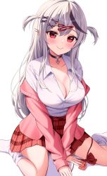 Rule 34 | 1girl, absurdres, breasts, cleavage, grey hair, highres, hololive, kumoru (kumoru 145), large breasts, long hair, multicolored hair, open clothes, red eyes, sakamata chloe, shirt, simple background, solo, streaked hair, virtual youtuber, white shirt
