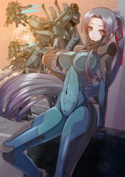 Rule 34 | 1girl, absurdres, black hair, blue bodysuit, blue eyes, blue gloves, bodysuit, breasts, commission, covered erect nipples, covered navel, extra eyes, f-22a raptor (muv-luv), floating hair, flying, fortified suit, gloves, glowing, glowing eyes, gun, heyzan, highres, holding, holding gun, holding weapon, large breasts, long hair, mecha, muv-luv, muv-luv alternative, original, parted bangs, ponytail, robot, science fiction, skeb commission, smile, tactical surface fighter, very long hair, weapon, yellow eyes
