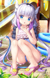 Rule 34 | 1girl, blue eyes, blunt bangs, blurry, blush, chestnut mouth, child, commentary request, depth of field, dragon girl, dragon horns, dragon tail, fujima takuya, gradient hair, hair bobbles, hair ornament, hairband, head tilt, holding, holding hose, horns, hose, kanna kamui, kobayashi-san chi no maidragon, long hair, looking at viewer, low twintails, multicolored hair, parted lips, sandals, sidelocks, sitting, solo, swimsuit, tail, twintails, wading pool, wet, white hair