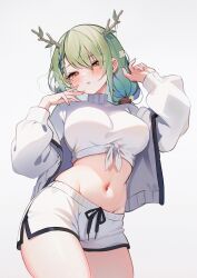 Rule 34 | 1girl, absurdres, breasts, brown eyes, ceres fauna, commentary, cowboy shot, crop top, green hair, grey background, head tilt, highres, hololive, hololive english, jacket, koahri, large breasts, leaf, long sleeves, midriff, navel, off shoulder, open clothes, open jacket, shirt, short hair, short shorts, shorts, solo, standing, stomach, thighs, turtleneck, turtleneck shirt, virtual youtuber, white jacket, white shirt, white shorts