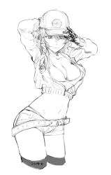 Rule 34 | 1girl, baseball cap, belt, breasts, collarbone, cropped jacket, facing viewer, final fantasy, final fantasy xv, greyscale, hat, highres, kotoyama, legs together, looking at viewer, medium breasts, midriff, monochrome, navel, short hair, short shorts, shorts, simple background, solo, thighhighs, white background