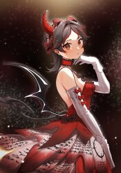 Rule 34 | 1girl, black background, black hair, black ribbon, collar, demon horns, demon tail, demon wings, dress, elbow gloves, frilled dress, frills, gloves, highres, horns, korean commentary, looking at viewer, lucia: plume (punishing: gray raven), lucia (punishing: gray raven), maid headdress, medium hair, multicolored hair, myam (123ab456c), parted bangs, parted lips, punishing: gray raven, red collar, red dress, red eyes, red hair, red ribbon, ribbon, single horn, slit pupils, solo, streaked hair, suspenders, tail, torn clothes, torn dress, white gloves, wings