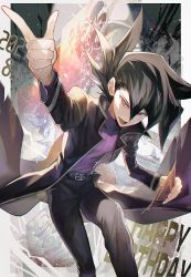 Rule 34 | 1boy, :d, aoki (fumomo), belt, belt buckle, black belt, black coat, black hair, black pants, buckle, card, coat, grey eyes, hair between eyes, highres, holding, holding card, index finger raised, long hair, long sleeves, looking at viewer, male focus, manjoume jun, open clothes, open coat, open mouth, pants, purple shirt, shirt, smile, solo, spiked hair, yu-gi-oh!, yu-gi-oh! gx