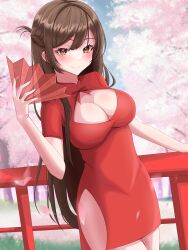 Rule 34 | 1girl, absurdres, blush, bow, bowtie, braid, breasts, brown hair, cherry blossoms, cherry tree, china dress, chinese clothes, cleavage, cleavage cutout, clothing cutout, dress, falling petals, hand fan, highres, holding, holding fan, kanojo okarishimasu, large breasts, long hair, miwapeito, mizuhara chizuru, paper fan, petals, red bow, red bowtie, red dress, short sleeves, side slit, sky, smile, solo