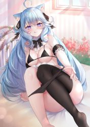 Rule 34 | 1girl, :q, ahoge, animal ear fluff, animal ears, apron, ass, bare shoulders, bikini, black bikini, black thighhighs, blue eyes, blue hair, bow, bowtie, breasts, cat ears, cleavage, closed mouth, convenient leg, detached collar, detached sleeves, hair bow, highres, indie virtual youtuber, kanase ito, long hair, looking at viewer, medium breasts, naughty face, neco meito, single thighhigh, smile, solo, string bikini, swimsuit, thighhighs, tongue, tongue out, undressing, very long hair, virtual youtuber, waist apron