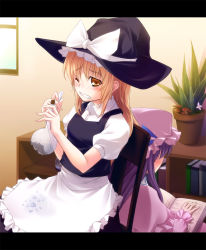 Rule 34 | 2girls, apron, back-to-back, bad id, bad pixiv id, blonde hair, blush, book, broken, clenched teeth, female focus, flask, hat, hinoeya kiuri, kazakura, kirisame marisa, letterboxed, long hair, multiple girls, mushroom, one eye closed, open book, patchouli knowledge, plant, potted plant, purple hair, reading, ribbon, round-bottom flask, sitting, teeth, touhou, waist apron, wince, wink, witch, witch hat