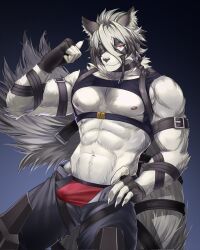 Rule 34 | 1boy, abs, animal ears, artist name, bara, black gloves, bulge, chest harness, claws, commentary, english commentary, erection, erection under clothes, eyepatch, fingerless gloves, furry, furry male, gloves, hand on own hip, harness, highres, looking at viewer, male focus, male underwear, muscular, muscular male, one eye covered, pectorals, red eyes, red male underwear, tail, tropos (purtropos), underwear, unzipped, von lycaon, wolf boy, wolf ears, wolf tail, zenless zone zero
