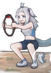 Rule 34 | 1girl, absurdres, bachunawa, bloop (gawr gura), blue eyes, blue hair, fins, fish tail, gawr gura, highres, hololive, hololive english, multicolored hair, open mouth, ring-con, ring fit adventure, shark girl, shark tail, sharp teeth, shorts, sports bra, streaked hair, sweat, tail, teeth, topknot, virtual youtuber