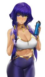 Rule 34 | 1girl, alternate costume, bare arms, blush, bottle, breasts, candace (genshin impact), cleavage, cowboy shot, crop top, cross, genshin impact, gold trim, hair tubes, heterochromia, high-waist pants, highres, holding, holding bottle, ja mong, jewelry, large breasts, lips, looking at viewer, navel, neck ring, pants, parted lips, purple eyes, purple hair, purple pants, short hair with long locks, sidelocks, simple background, solo, sports bra, stomach, sweat, thighs, towel, towel around neck, water bottle, white background, white sports bra, yellow eyes, yoga pants