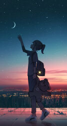Rule 34 | 1girl, absurdres, arm up, backpack, bag, brown hair, city lights, cloud, commentary request, crescent moon, from side, full body, glowing, grass, highres, horizon, looking up, moon, night, night sky, original, pants, pasoputi, ponytail, profile, reflective floor, scenery, shirt under shirt, short hair, short sleeves, sidelocks, sky, solo, standing, star (sky), starry sky, stuffed animal, stuffed toy, teddy bear, twilight, white footwear