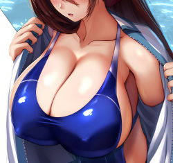Rule 34 | 1girl, blush, breasts, brown hair, cleavage, close-up, collarbone, competition swimsuit, covered erect nipples, head out of frame, highres, huge breasts, jacket, kantai collection, mamiya (kancolle), one-piece swimsuit, open clothes, open jacket, open mouth, poolside, solo, swimsuit, tiri man