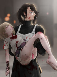 Rule 34 | barefoot, blood, blood on clothes, bottomless, bruise, bruise on face, carrying, closed eyes, highres, injury, looking to the side, nova yuri, original, princess carry, prolapse, smoking, uterine prolapse